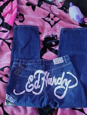 Ed Hardy Dark Blue Denim Jeans with White Logo